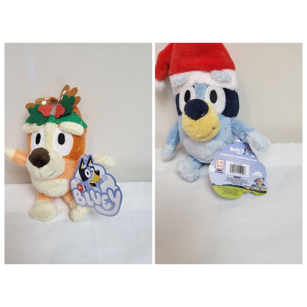DanDee 6" Bluey Santa Hat & Bingo Reindeer Christmas Backpack Bag‎ Clip Plush